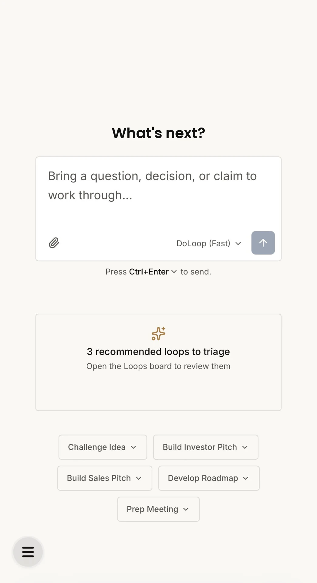 The DoLoop app on a phone: the What's next screen with a question box and suggested actions.